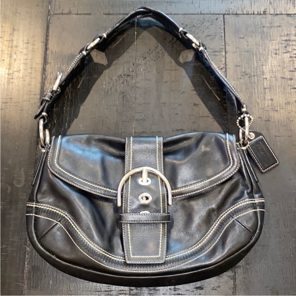 Coach Black Leather Shoulder Bag with Silver Accents